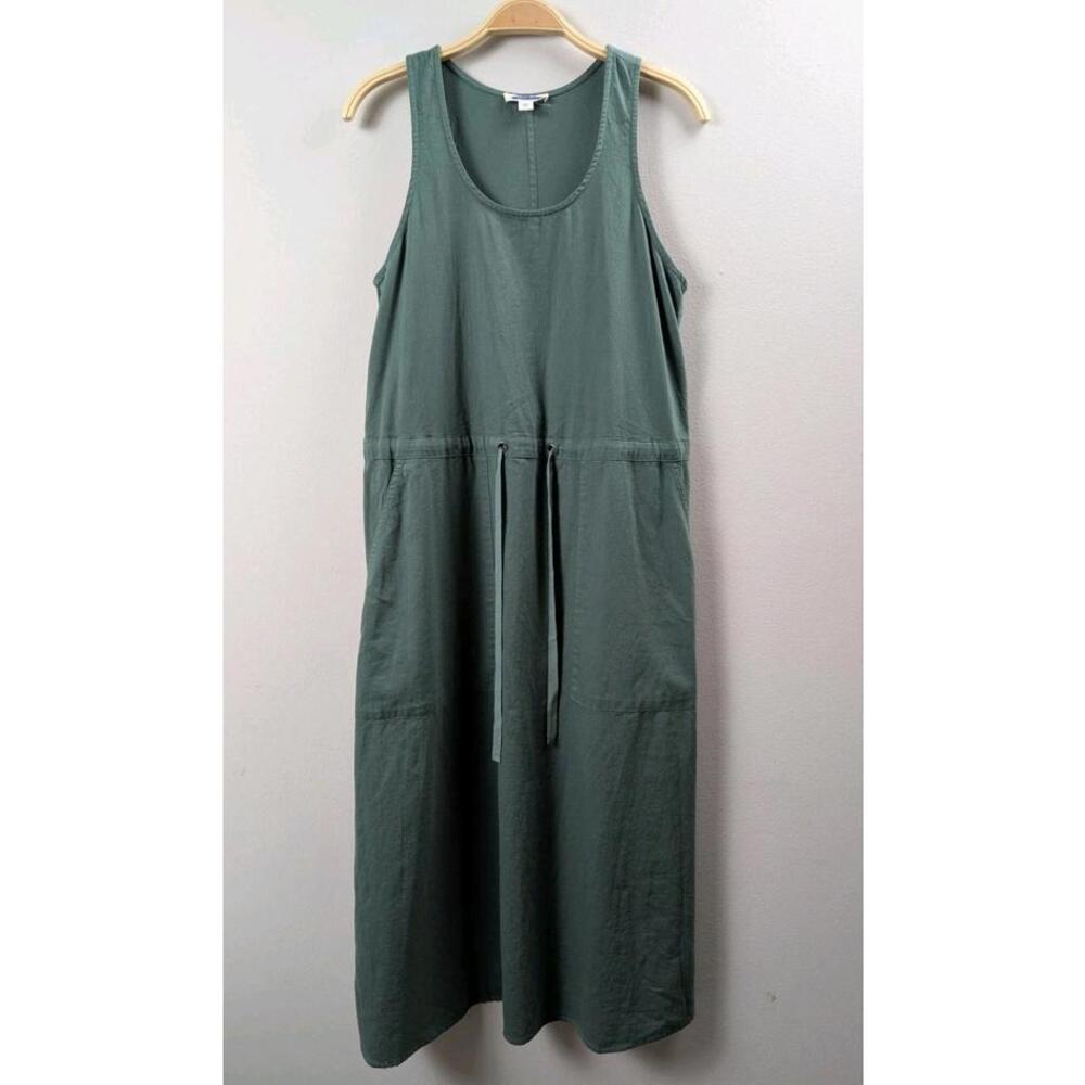 Eileen Fisher Green Cinched Waist Drawstring Organic Cotton Pocket Tank Dress S